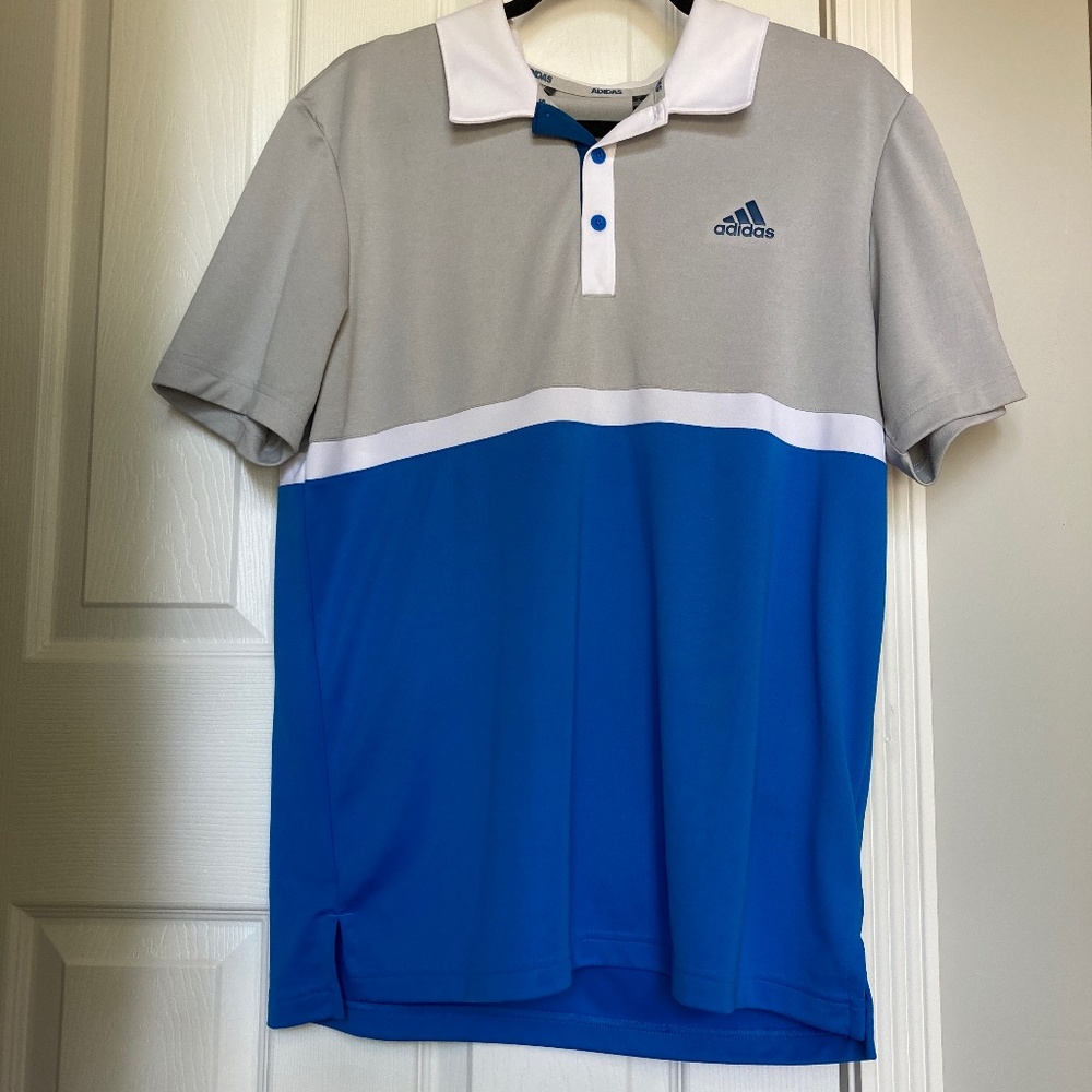 adidas Men's Size M Collared Athletic Polo, Blue, White, Grey